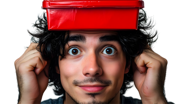 Man Holds Head, Red Box on Head, Isolated on White Background