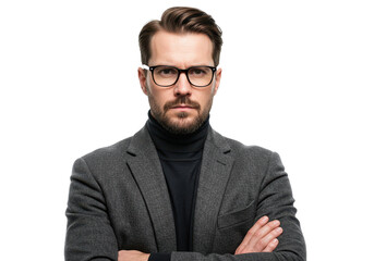 A serious and confident man with neatly styled brown hair and his arms are crossed isolated on transparent background