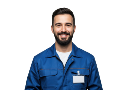 A male industrial worker wearing a blue work jumpsuit isolated on transparent background