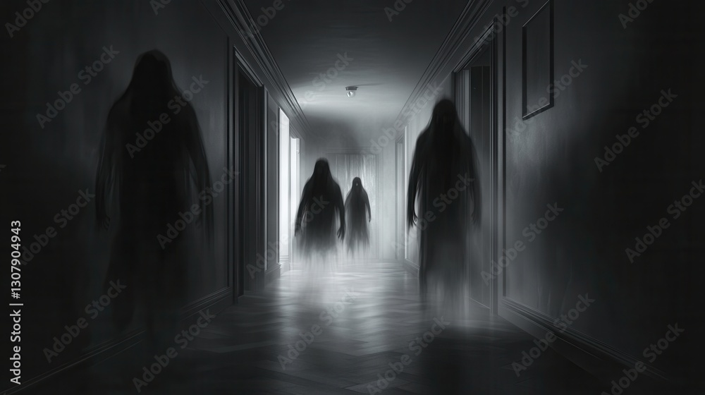 Poster dark corridor filled with shadowy figures and ghostly apparitions under flickering lights evokes str
