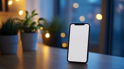 Smartphone Mockup at Night with Plants and Lights / 夜の植物とライトを背景にしたスマートフォンモックアップ