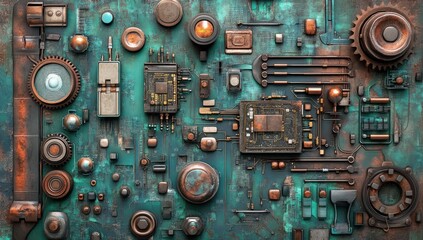 Futuristic circuit board with copper and teal components, showing intricate gears, microchips, and knobs.