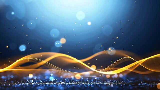 Abstract design featuring flowing waves and bokeh lights on a blue background