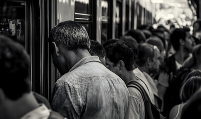 Fototapeta premium Monochrome depiction of commuters boarding a train during rush hour