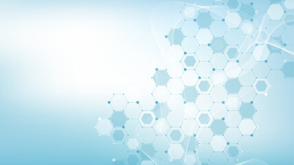 Modern health care or medical background design. Health care innovation concept. Horizontal header web banner. Abstract geometric background with hexagon shapes for medicine, science, chemistry.