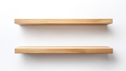 Two Empty Light Brown Wooden Shelves on White Wall