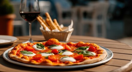 Delicious pizza with mozzarella and basil on outdoor table