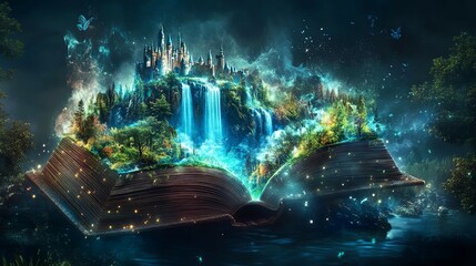 Enchanted Castle Waterfall: A Magical Book Fantasy Illustration