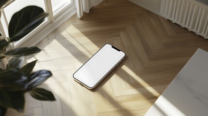 Smartphone Mockup on a Wooden Floor with Sunlight / 日光の当たる木の床の上のスマートフォンモックアップ