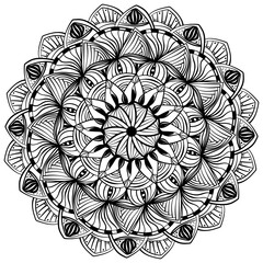 Fantasy outline mandala with zen patterns, intricate coloring page with striped petals and tangles for activity