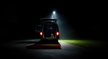 Dog sits inside open van at night under streetlight, evoking mystery and solitude
