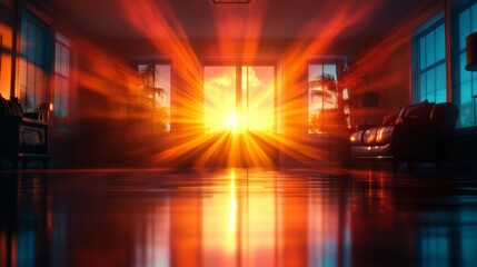 Sunset rays illuminate a modern living room, creating a warm, inviting atmosphere. The sun's glow reflects on the polished floor.