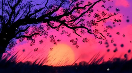 Silhouette of a tree against a vibrant sunset, pink and purple hues dominate the sky, creating a serene and magical atmosphere.