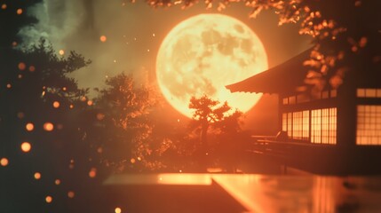 Serene night scene with a large orange moon illuminating a traditional Japanese-style house nestled among trees. Magical, mystical vibes.
