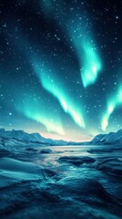 Fototapeta premium Dramatic aurora borealis lights up a tranquil Arctic landscape at night near a serene body of water