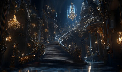 Opulent grand staircase with ornate gold chandeliers in a gothic hall