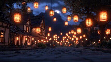 Obraz premium Enchanted night scene: A charming town street glows with hanging lanterns, creating a magical ambiance.