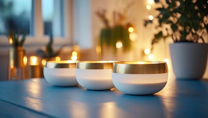 Three White and Gold Candles Glow on Blue Tabletop