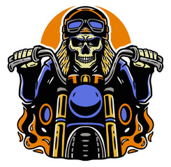 Rider of the Night: An illustration of a skeletal biker with a skull face, sporting a helmet and riding a classic motorcycle, framed against an orange backdrop.