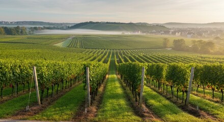 Fototapeta premium Scenic vineyard landscape with green rolling hills and distant village under misty morning sky
