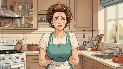 A retro-style illustration of a frazzled English woman in a 1950s kitchen, with hair in rollers, an apron, and a slightly stressed expression