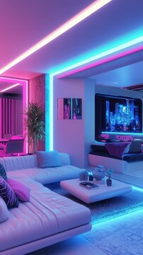A modern interior with bright neon lights and comfortable furniture