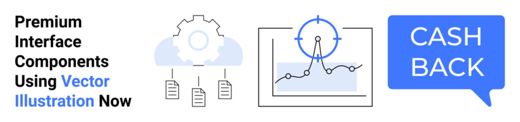 Gear with cloud and documents, growth chart with target, and cashback speech bubble. Ideal for fintech, technology solutions, data visualization, marketing, e-commerce, business tools flat landing