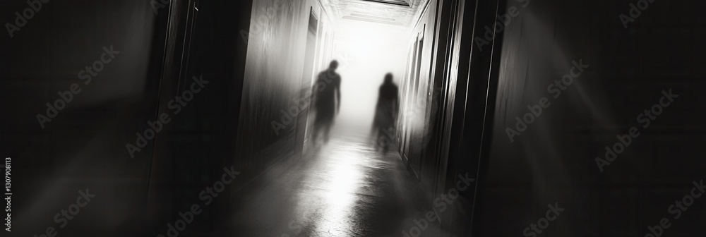 Poster Dark corridor filled with ghostly figures and flickering light creates an unsettling horror atmosphere