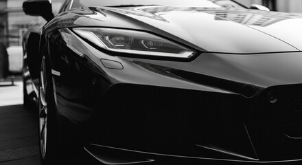 Sleek black sports car in urban setting, reflecting modern architecture