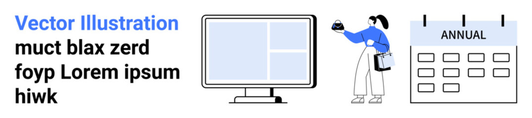 Woman holding bell near calendar and computer monitor for scheduling, task planning, event coordination. Ideal for productivity, scheduling, management, reminders, office tools, planning flat