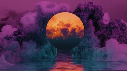 Obraz premium Surreal landscape with a vibrant orange sun peeking through purple and teal clouds reflected in still water.