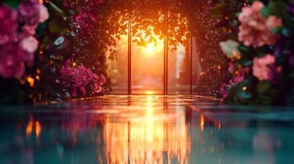 Naklejka premium Sunset through a floral archway, reflecting on the still water below. A dreamy, romantic scene.