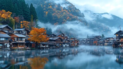 Fototapeta premium Autumn Mist over a Japanese River Town