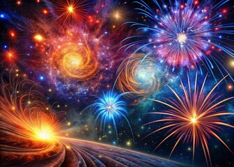Fototapeta premium Abstract Fourth of July Science: Long Exposure Fireworks & Nebula