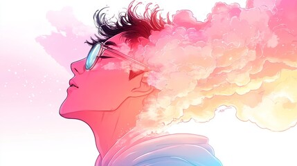 Dreamy portrait of a young man with clouds forming his hair, wearing glasses. Pastel colors and soft lighting create a serene atmosphere.