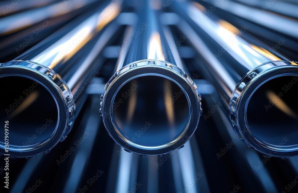 Poster close-up view of shiny metallic pipes with reflections and light patterns on a dark background ideal