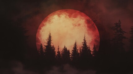 Blood moon rising over a dark forest. An eerie, atmospheric scene painted in shades of red and black.
