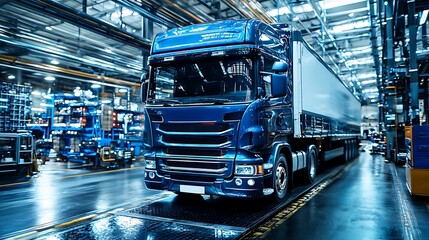 Blue truck in industrial facility