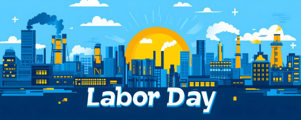 Factories and buildings silhouette against a rising sun, commemorating labor day and recognizing the contributions of workers