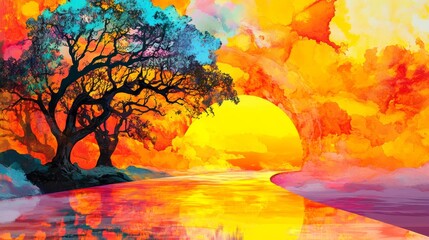 Vibrant sunset landscape painting featuring two trees and a calm reflective river.  Warm, intense colors dominate the scene.