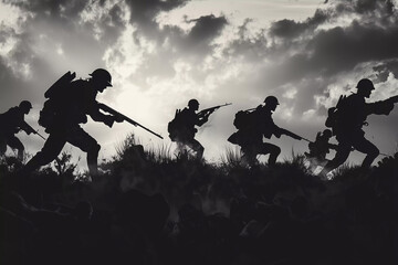 Graphic depiction of Anzacs marching at dawn, honoring their bravery during World War I and the significance of Anzac Day in Australia and New Zealand's history
