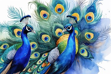 Fototapeta premium Elegant Watercolor Illustration of Majestic Peacock Feathers for Grace and Beauty Themes