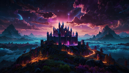Magical castle in a dreamlike fantasy landscape. Colorful. Illustration