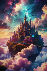 Magical castle in a dreamlike fantasy landscape. Colorful. Illustration