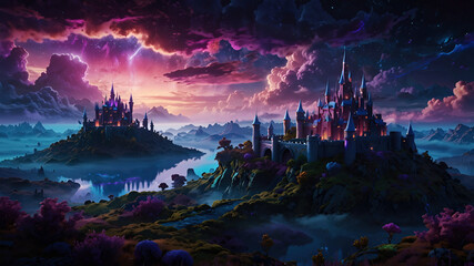 Magical castle in a dreamlike fantasy landscape. Colorful. Illustration