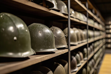 Soldiers' helmets arranged in a display honoring ANZAC Remembrance Day in Australia commemorating the sacrifices of WW1 veterans