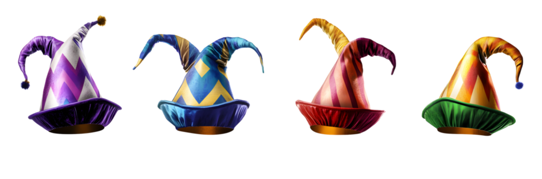 Set of Vibrant jester hat in various colors isolated on a transparent background