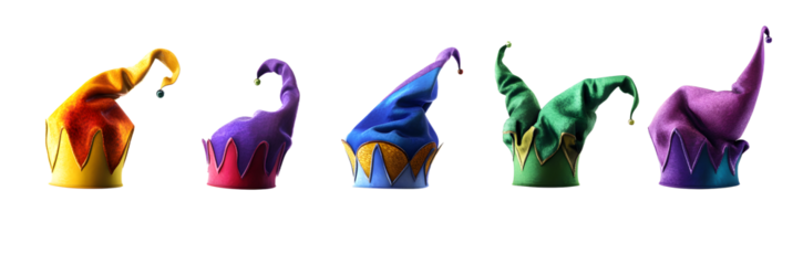 Set of Vibrant jester hat in various colors isolated on a transparent background