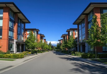 Apartment buildings in Vancouver, British Columbia, apartment complex, luxury residential real estate blue sky, street view, trees and shrubs along the road, modern architecture Generative AI