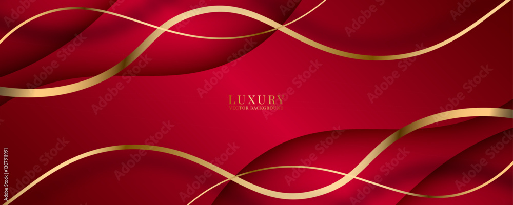Wall mural 3d red luxury abstract background overlap layer on bright space with golden lines waves decoration. 
